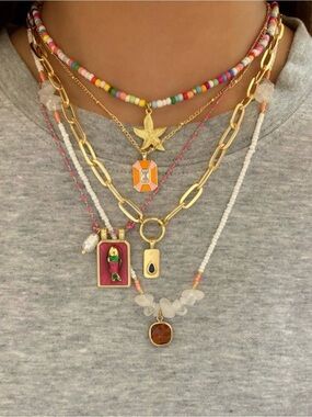 Layered Gold Multicolor Beaded Pendant Necklace